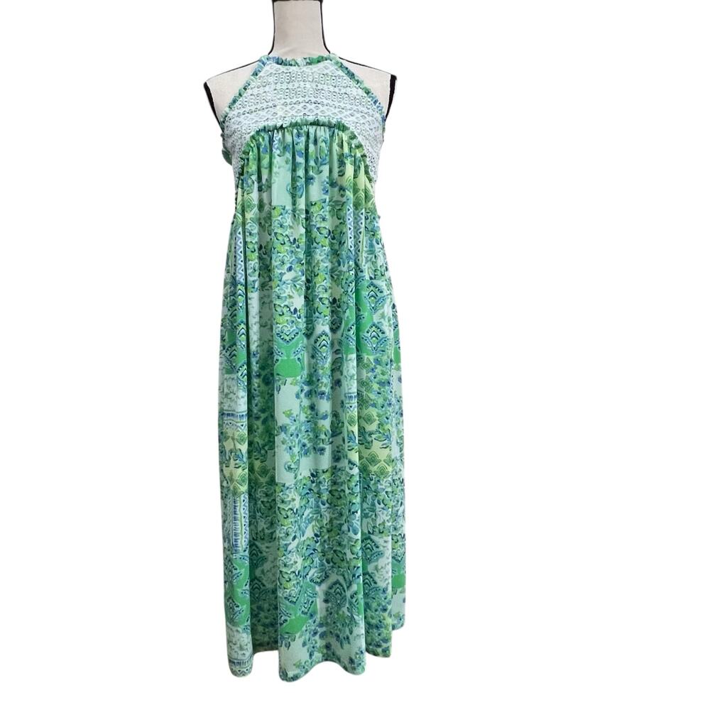 Bonnie Jean Girls Maxi Dress Size 16 Green Blue Floral Halter Lace